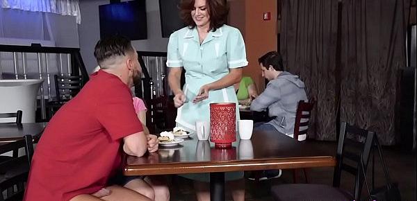  College couple fuck in a diner with the mature waitress  Jane Wilde and Andy James